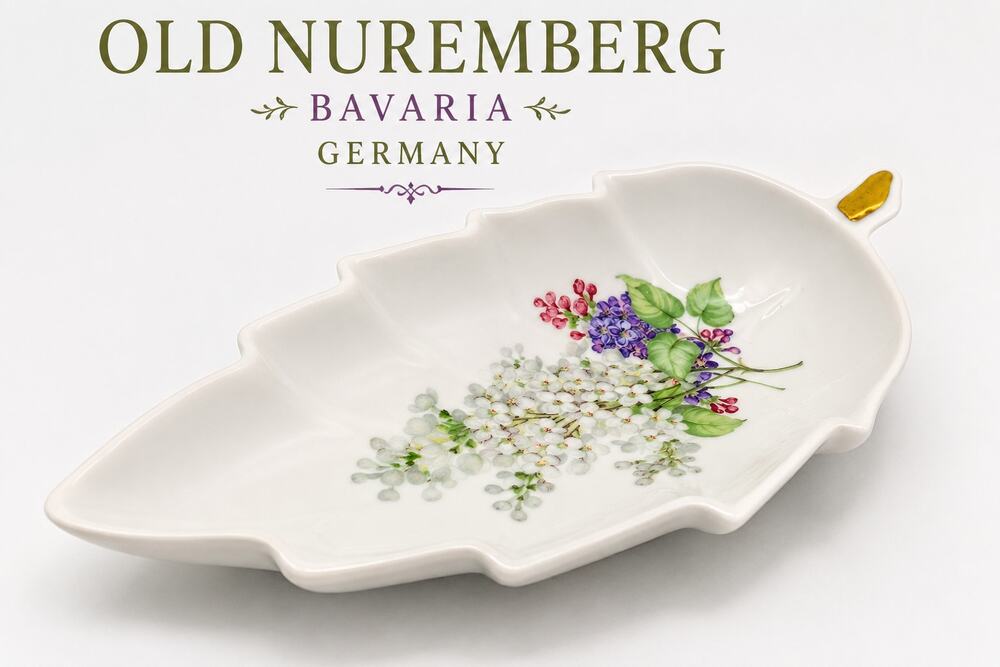 Vintage Old Nuremberg Bavaria Germany Porcelain Leaf Dish Floral Gold Accent